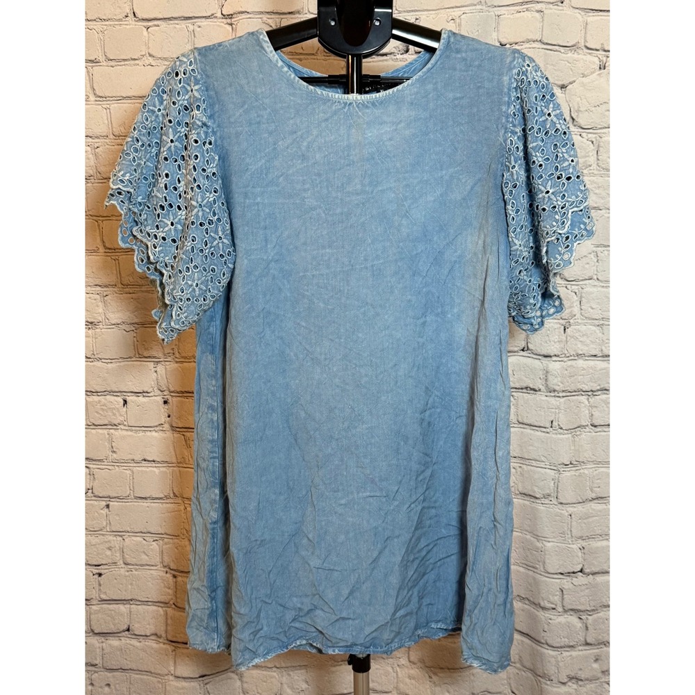 Style Envy Light Wash Denim Look Eyelet Lace Sleeve Tunic Dress XL Blue Rayon